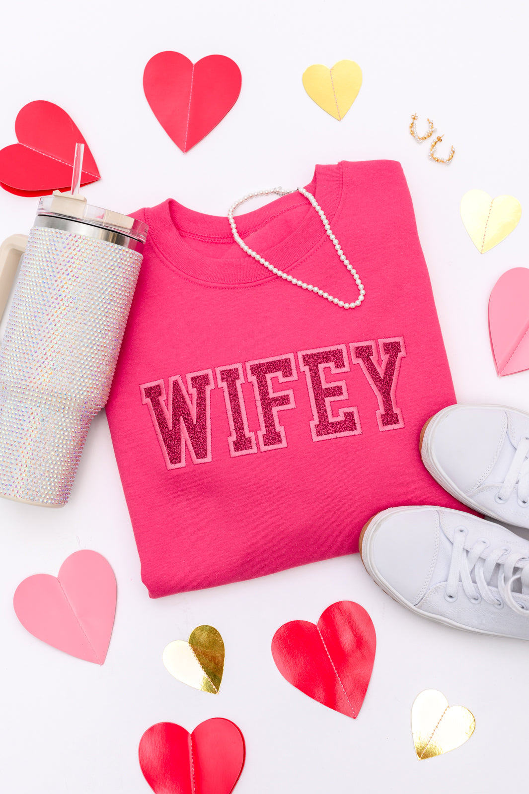 Embroidered Wifey Glitter Sweatshirt in Four Colors